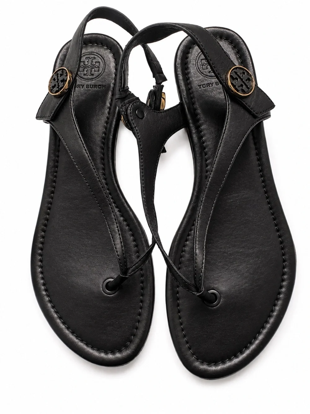 Tory Burch Black Leather Thong Sandals Size 8 Classic Logo